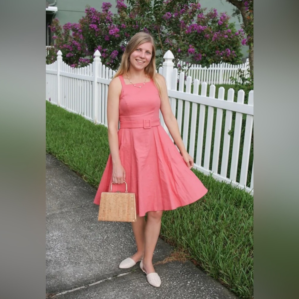 Gal Meets Glam Ruth Coral Pink Linen Square Neck Belted MIDI Dress Lined 8P Tea